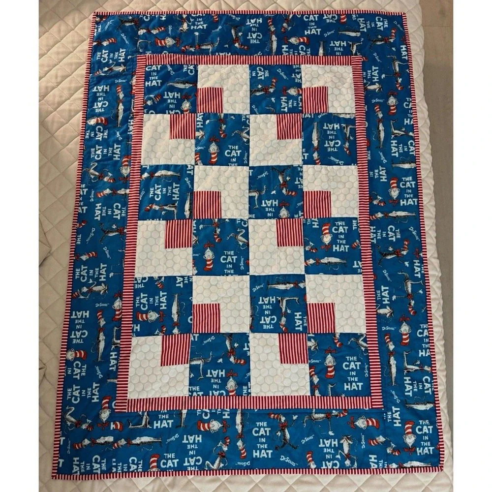 40in x 29in Dr. Seuss Cat in the Hat Patchwork Quilt Red/White/Blue Star Theme